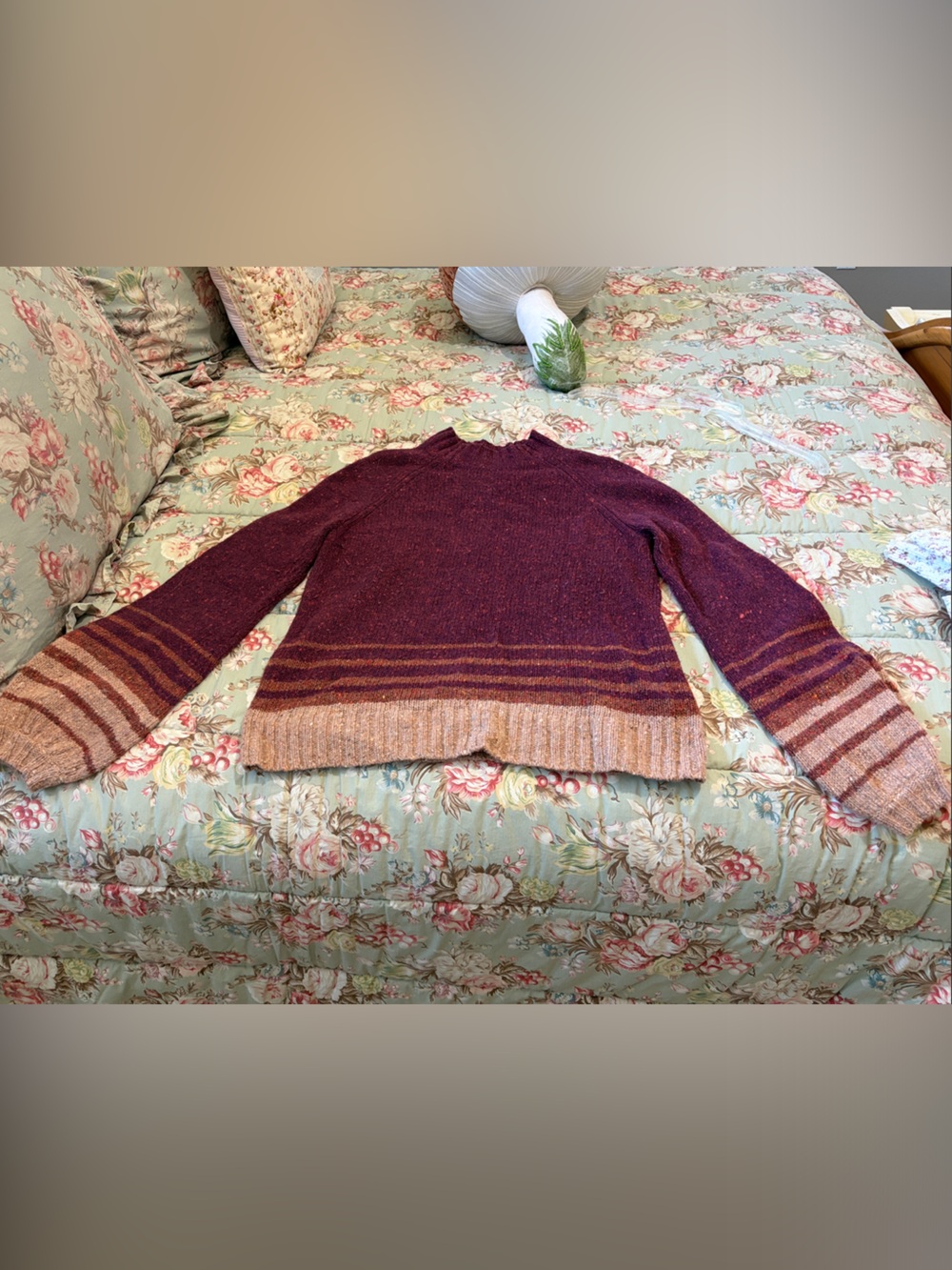 Smartwool Women's Plum and Tan Striped Crewneck Sweater